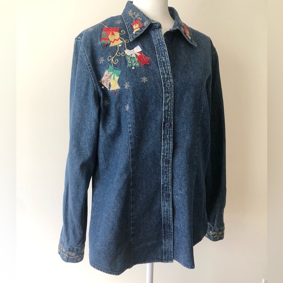 Westbound Denim Christmas Holiday Button Up Embroidered and Bead detail size L - Picture 13 of 14